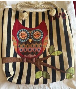 Owl Patchwork Canvas Tote Bag Rope Handles Striped Zip Boho Shoulder Beach Bag